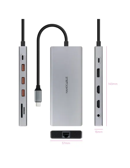 Nanocable Hub USB-C 12 en 1, Conversor USB-C 3.1 a 3xUSB-A 3.2 + USB-C 3.2 + USB-C PD + 2xHDMI 4K@60Hz + DP 4K@60Hz + RJ45
