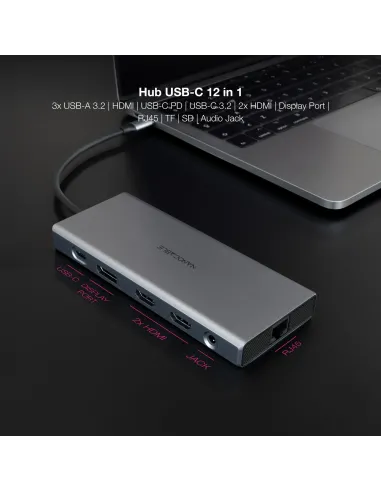 Nanocable Hub USB-C 12 en 1, Conversor USB-C 3.1 a 3xUSB-A 3.2 + USB-C 3.2 + USB-C PD + 2xHDMI 4K@60Hz + DP 4K@60Hz + RJ45