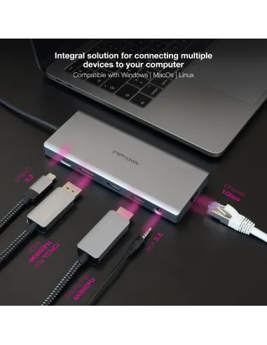 Nanocable Hub USB-C 12 en 1, Conversor USB-C 3.1 a 3xUSB-A 3.2 + USB-C 3.2 + USB-C PD + 2xHDMI 4K@60Hz + DP 4K@60Hz + RJ45