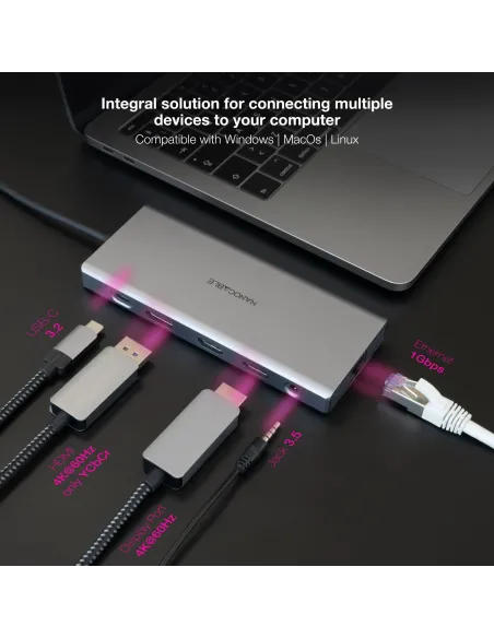 Nanocable Hub USB-C 12 en 1, Conversor USB-C 3.1 a 3xUSB-A 3.2 + USB-C 3.2 + USB-C PD + 2xHDMI 4K@60Hz + DP 4K@60Hz + RJ45