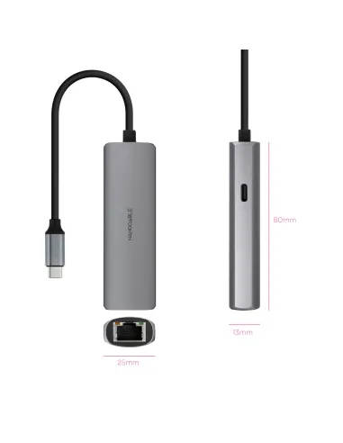 Nanocable Adaptador USB-C 3.1 a RJ45, con PD 100W, USB-C M, Aluminio, Color Gris, 18 cm