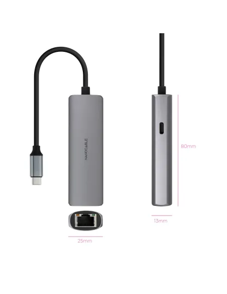 Nanocable Adaptador USB-C 3.1 a RJ45, con PD 100W, USB-C M, Aluminio, Color Gris, 18 cm