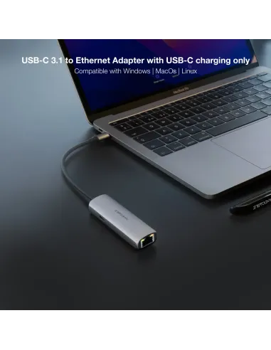Nanocable Adaptador USB-C 3.1 a RJ45, con PD 100W, USB-C M, Aluminio, Color Gris, 18 cm