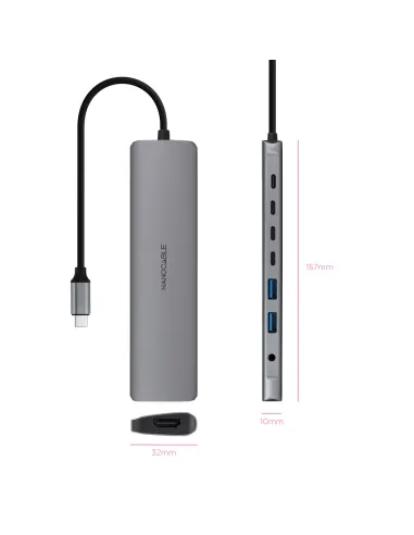 Nanocable Hub USB-C 8 en 1, Conversor USB-C 3.1 a 2xUSB-A 3.0 + 3xUSB-C 3.0 + USB-C PD + HDMI 4K@60Hz + Audio Jack 3.5,
