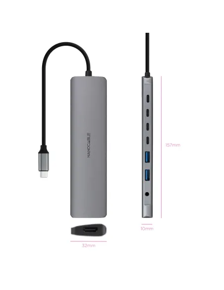 Nanocable Hub USB-C 8 en 1, Conversor USB-C 3.1 a 2xUSB-A 3.0 + 3xUSB-C 3.0 + USB-C PD + HDMI 4K@60Hz + Audio Jack 3.5,