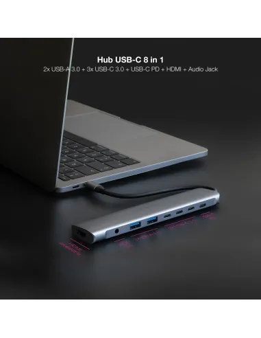 Nanocable Hub USB-C 8 en 1, Conversor USB-C 3.1 a 2xUSB-A 3.0 + 3xUSB-C 3.0 + USB-C PD + HDMI 4K@60Hz + Audio Jack 3.5,