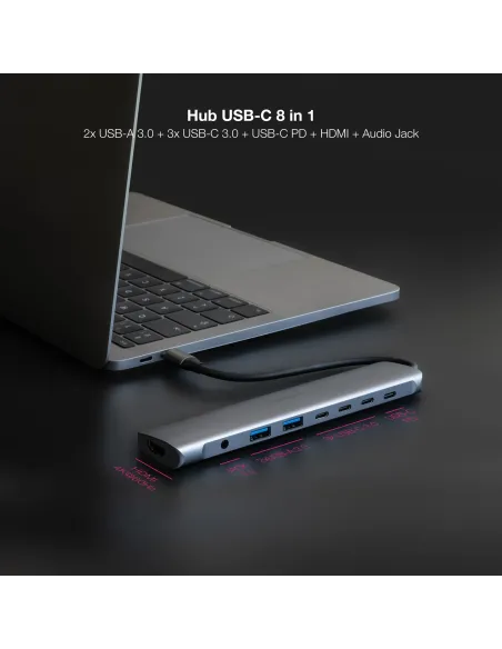 Nanocable Hub USB-C 8 en 1, Conversor USB-C 3.1 a 2xUSB-A 3.0 + 3xUSB-C 3.0 + USB-C PD + HDMI 4K@60Hz + Audio Jack 3.5,