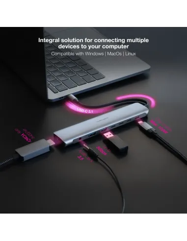 Nanocable Hub USB-C 8 en 1, Conversor USB-C 3.1 a 2xUSB-A 3.0 + 3xUSB-C 3.0 + USB-C PD + HDMI 4K@60Hz + Audio Jack 3.5,