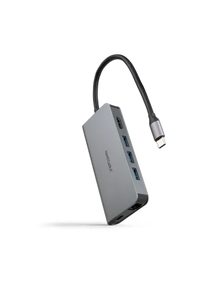 Nanocable Hub USB-C 8 en 1, Conversor USB-C 3.1 a 3xUSB-A 3.0 + HDMI 4K@60Hz + USB-C PD + RJ45 1Gbps + TF + SD, Aluminio, Gris,