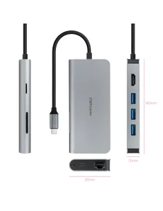 Nanocable Hub USB-C 8 en 1, Conversor USB-C 3.1 a 3xUSB-A 3.0 + HDMI 4K@60Hz + USB-C PD + RJ45 1Gbps + TF + SD, Aluminio, Gris, 2