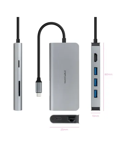 Nanocable Hub USB-C 8 en 1, Conversor USB-C 3.1 a 3xUSB-A 3.0 + HDMI 4K@60Hz + USB-C PD + RJ45 1Gbps + TF + SD, Aluminio, Gris,