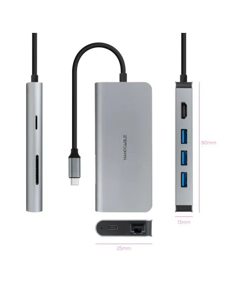 Nanocable Hub USB-C 8 en 1, Conversor USB-C 3.1 a 3xUSB-A 3.0 + HDMI 4K@60Hz + USB-C PD + RJ45 1Gbps + TF + SD, Aluminio, Gris,