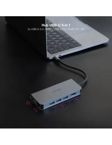 Nanocable Hub USB-C 8 en 1, Conversor USB-C 3.1 a 3xUSB-A 3.0 + HDMI 4K@60Hz + USB-C PD + RJ45 1Gbps + TF + SD, Aluminio, Gris,