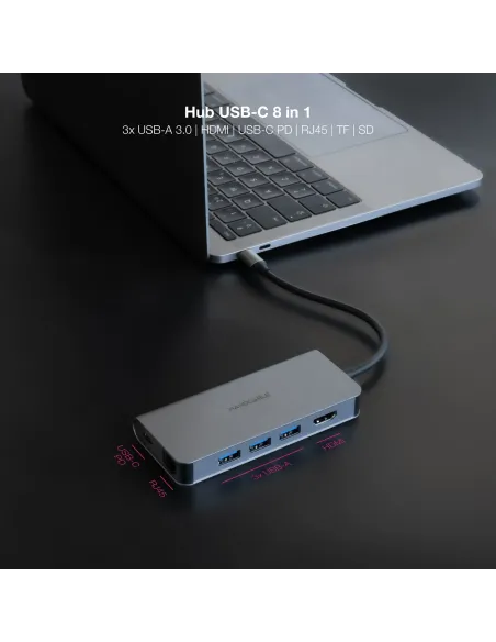 Nanocable Hub USB-C 8 en 1, Conversor USB-C 3.1 a 3xUSB-A 3.0 + HDMI 4K@60Hz + USB-C PD + RJ45 1Gbps + TF + SD, Aluminio, Gris,