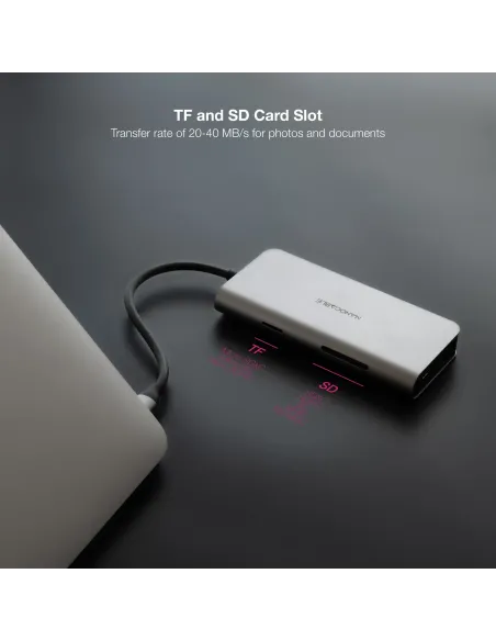 Nanocable Hub USB-C 8 en 1, Conversor USB-C 3.1 a 3xUSB-A 3.0 + HDMI 4K@60Hz + USB-C PD + RJ45 1Gbps + TF + SD, Aluminio, Gris,