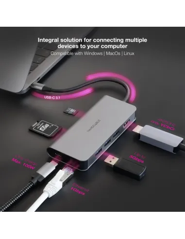 Nanocable Hub USB-C 8 en 1, Conversor USB-C 3.1 a 3xUSB-A 3.0 + HDMI 4K@60Hz + USB-C PD + RJ45 1Gbps + TF + SD, Aluminio, Gris,