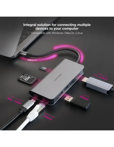 Nanocable Hub USB-C 8 en 1, Conversor USB-C 3.1 a 3xUSB-A 3.0 + HDMI 4K@60Hz + USB-C PD + RJ45 1Gbps + TF + SD, Aluminio, Gris,