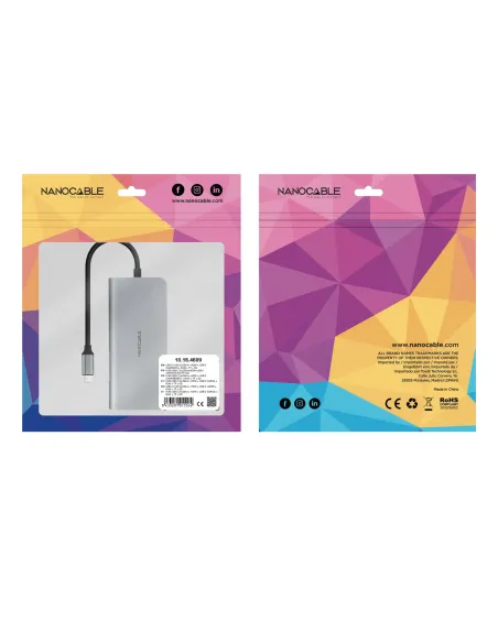 Nanocable Hub USB-C 8 en 1, Conversor USB-C 3.1 a 3xUSB-A 3.0 + HDMI 4K@60Hz + USB-C PD + RJ45 1Gbps + TF + SD, Aluminio, Gris,