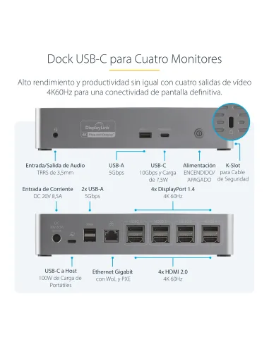 StarTech.com Mini Docking Station USB-C - Replicador de Puertos para 4 Monitores DisplayPort y HDMI 4K 60Hz - con PD de 100W -