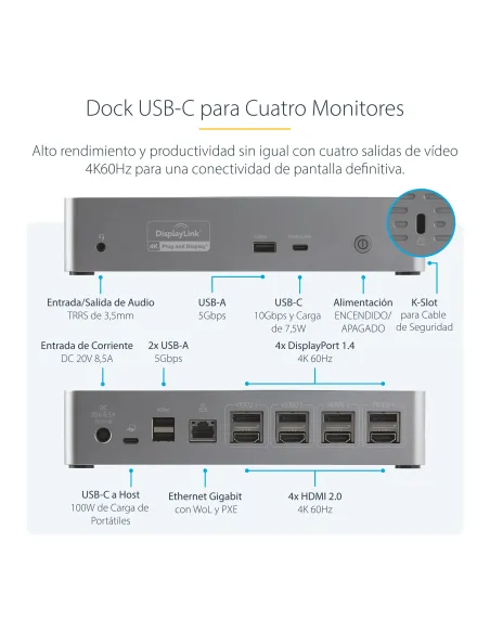 StarTech.com Mini Docking Station USB-C - Replicador de Puertos para 4 Monitores DisplayPort y HDMI 4K 60Hz - con PD de 100W -