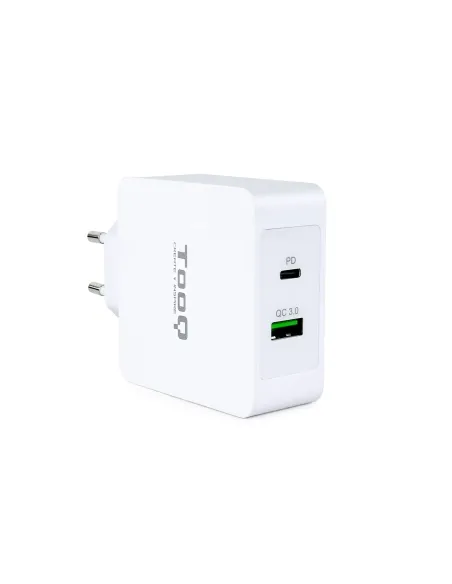TooQ Cargador de Pared doble puerto USB-C PD + USB A QC3.0, 48W