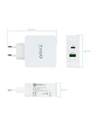 TooQ Cargador de Pared doble puerto USB-C PD + USB A QC3.0, 48W