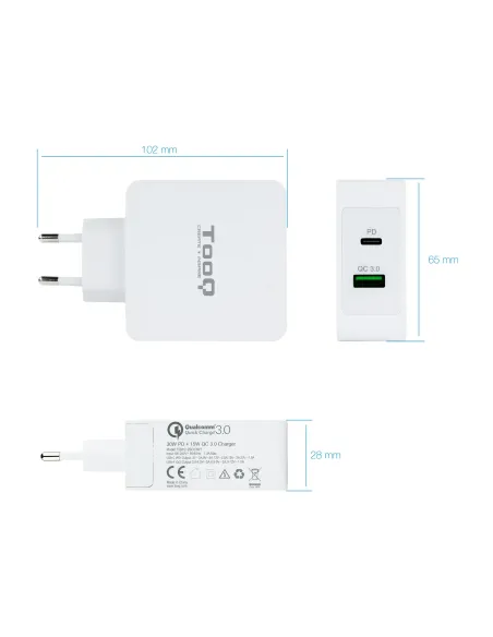 TooQ Cargador de Pared doble puerto USB-C PD + USB A QC3.0, 48W