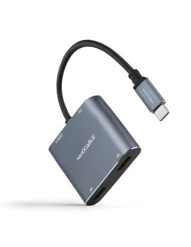 Nanocable Conversor USB-C a 2xHDMI/USB2.0/PD, 15 cm, Gris