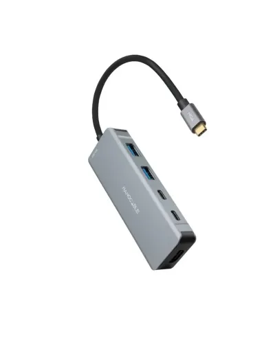 Nanocable HUB USB-C 6 en 1, Conversor USB-C 3.2 GEN1 5G a 2 x USB-A + 2 x USB-C + HDMI + USB-C PD 100W, Aluminio, 15 cm, Gris