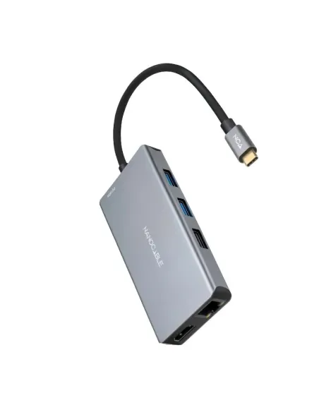 Nanocable HUB USB-C 9 en 1, Conversor USB-C a 3 x USB-A + 2 x HDMI + RJ45 + TF + SD + USB-C PD 100W, Aluminio, 15 cm, Gris