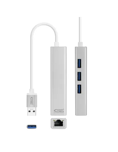 Nanocable Conversor USB 3.0 a Ethernet Gigabit + 3xUSB 3.0, Plata, 15 cm