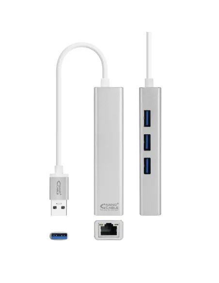 Nanocable Conversor USB 3.0 a Ethernet Gigabit + 3xUSB 3.0, Plata, 15 cm