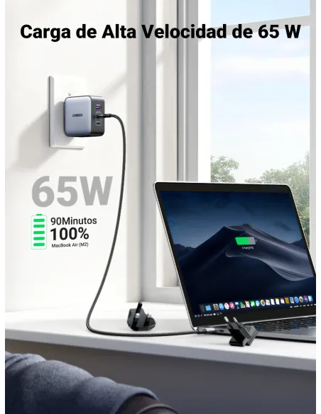 Ugreen 65W Nexode GaN Auriculares, Teléfono móvil, Portátil, Reloj inteligente, Tableta Gris USB Carga rápida Interior