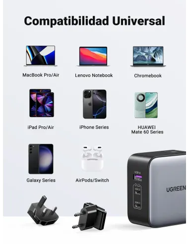 Ugreen 65W Nexode GaN Auriculares, Teléfono móvil, Portátil, Reloj inteligente, Tableta Gris USB Carga rápida Interior