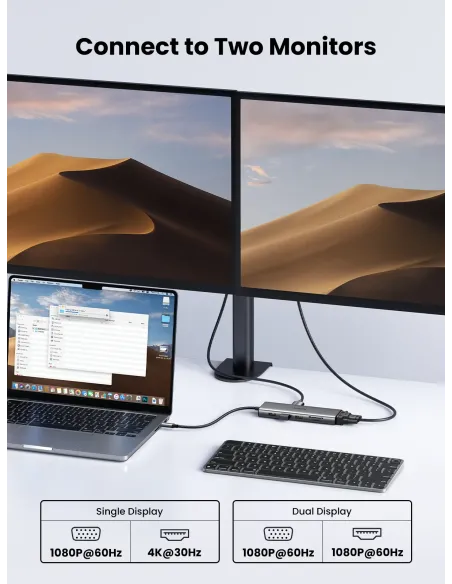 Ugreen 11-in-1 USB-C Hub to 3x USB-C 2x USB-A HDMI VGA RJ45 SD TF 3.5mm - Gray Acoplamiento Base Gris