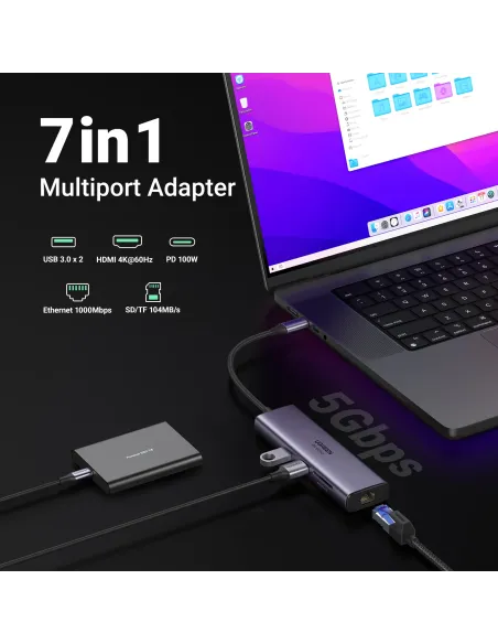 Ugreen 60515 base para portátil y replicador de puertos Alámbrico USB 3.2 Gen 1 (3.1 Gen 1) Type-C Gris