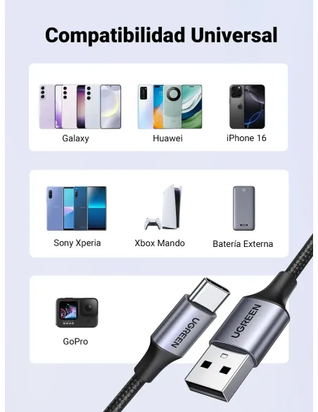 Ugreen 60126 cable USB 1 m USB C USB A Negro, Gris