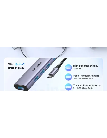 Ugreen 20956A hub de interfaz USB Tipo C 5000 Mbit s Plata