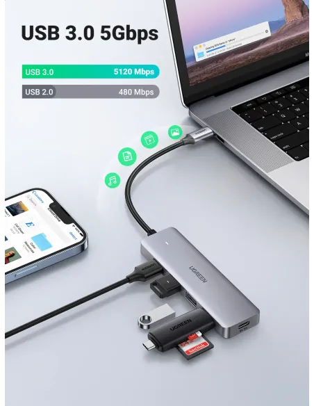 Ugreen 70336 hub de interfaz USB 3.2 Gen 1 (3.1 Gen 1) Type-C 5000 Mbit s