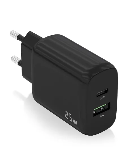AISENS Cargador 25W, 1xUSB-C PD3.0, 1xUSB-A QC3.0, Negro