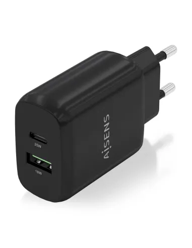 AISENS Cargador 25W, 1xUSB-C PD3.0, 1xUSB-A QC3.0, Negro