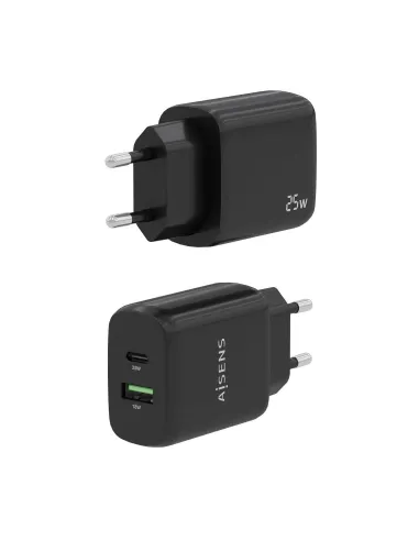 AISENS Cargador 25W, 1xUSB-C PD3.0, 1xUSB-A QC3.0, Negro