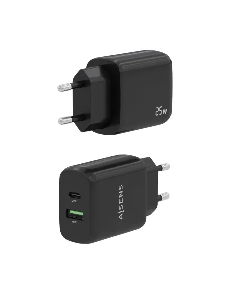 AISENS Cargador 25W, 1xUSB-C PD3.0, 1xUSB-A QC3.0, Negro