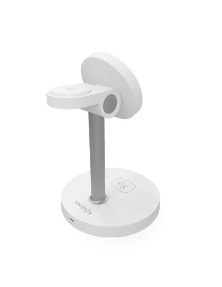AISENS Cargador Inalambrico USB-C 3 en 1 De 15W Para Movil, Apple Watch, Auriculares Con Estuche De Carga, Blanco