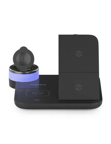 AISENS Cargador Inalambrico USB-C 4 en 1 De 15W Para Movil, Apple Watch, Auriculares Con Estuche De Carga, Negro