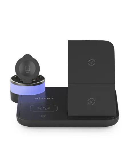 AISENS Cargador Inalambrico USB-C 4 en 1 De 15W Para Movil, Apple Watch, Auriculares Con Estuche De Carga, Negro