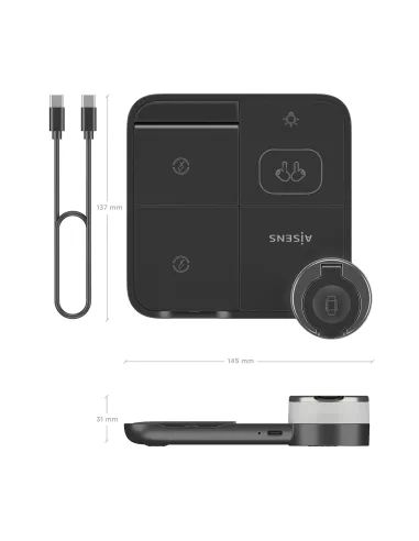 AISENS Cargador Inalambrico USB-C 4 en 1 De 15W Para Movil, Apple Watch, Auriculares Con Estuche De Carga, Negro