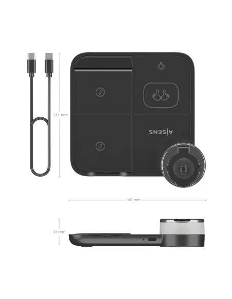 AISENS Cargador Inalambrico USB-C 4 en 1 De 15W Para Movil, Apple Watch, Auriculares Con Estuche De Carga, Negro
