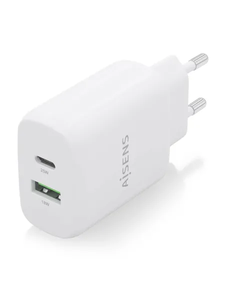 AISENS Cargador 25W, 1xUSB-C PD3.0, 1xUSB-A QC3.0, Blanco