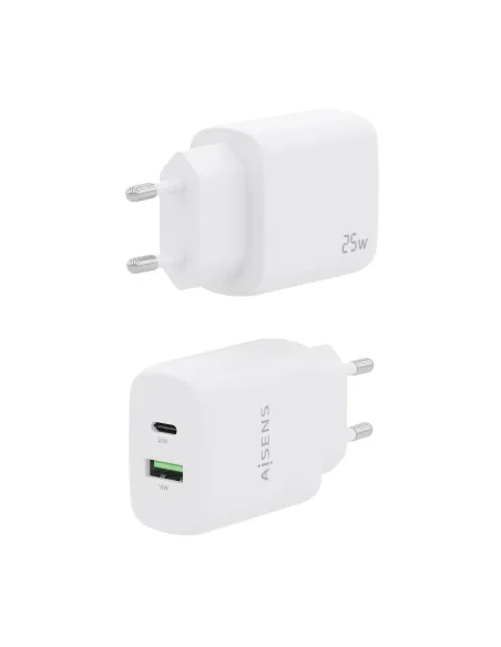 AISENS Cargador 25W, 1xUSB-C PD3.0, 1xUSB-A QC3.0, Blanco